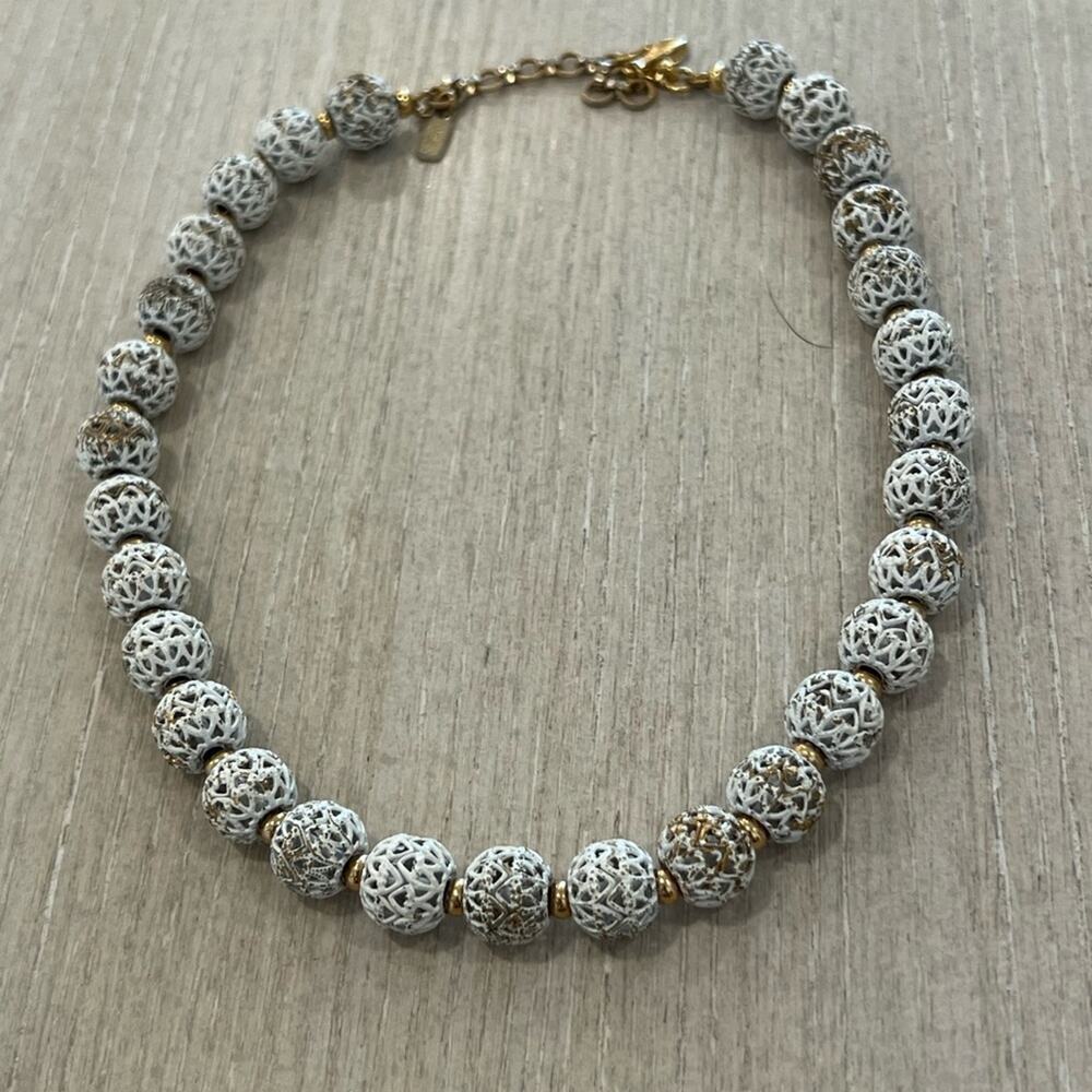 Rare Vintage 17 1/2" MONET White Enamel Caged ball and Gold Necklace